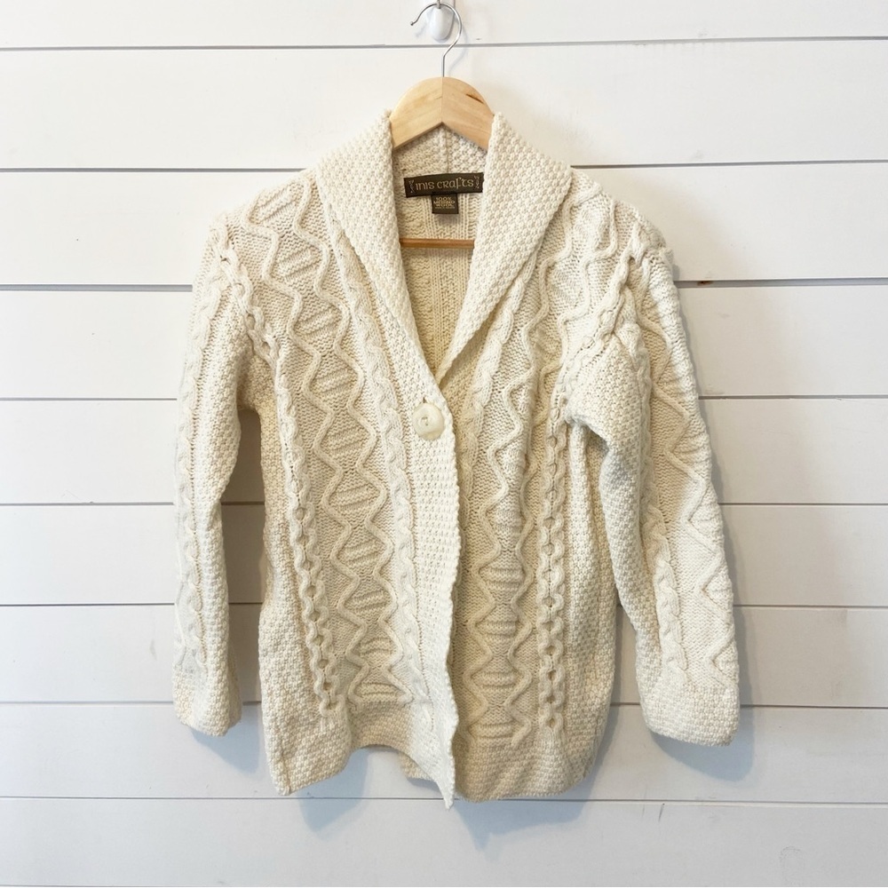 Inis Crafts |  100% Merino Wool Chunky Knit Cardigan Irish Sweater Medium